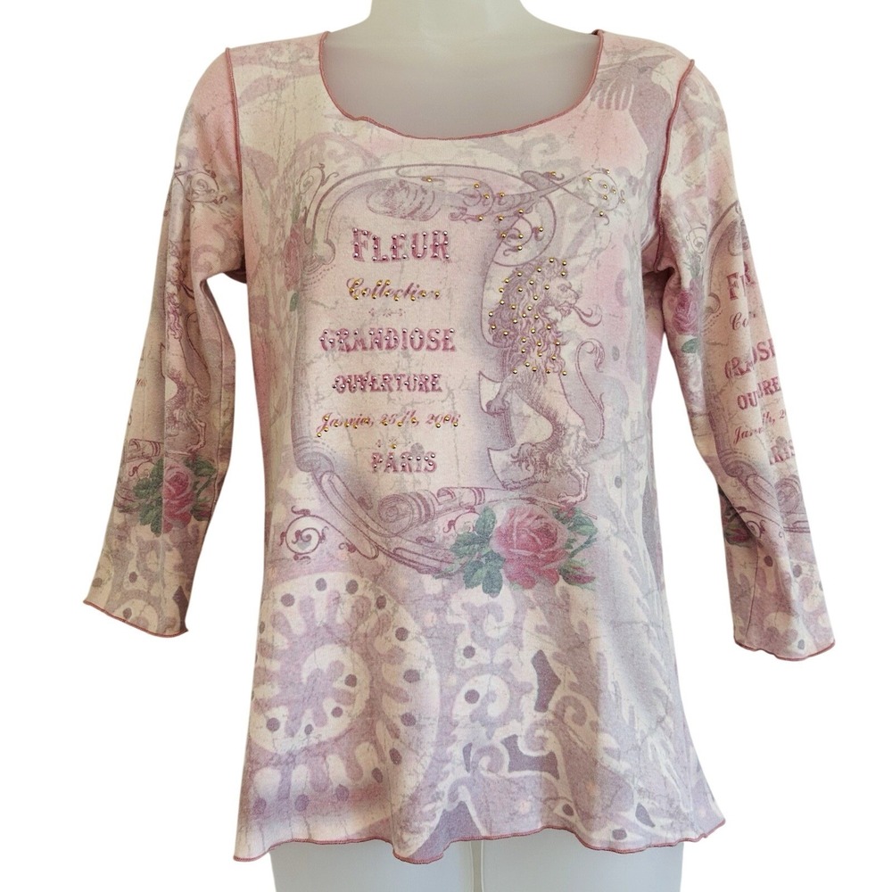 Y2K Energe Shirt Sz M Fairy Erethreal Whimsical Embellished Flower Rose Pink